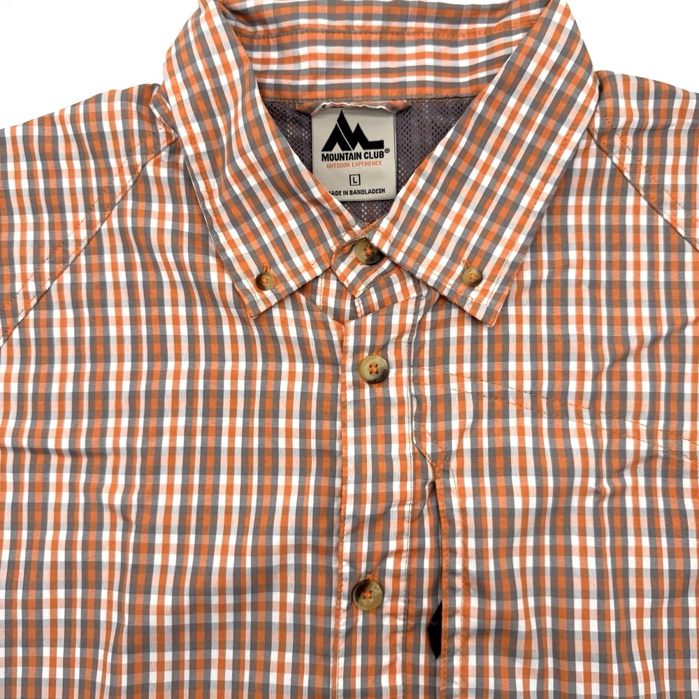 Mountain Club Shirt Mens L Orange Grey Gingham Plaid Outdoor Short Sleeve Hiking